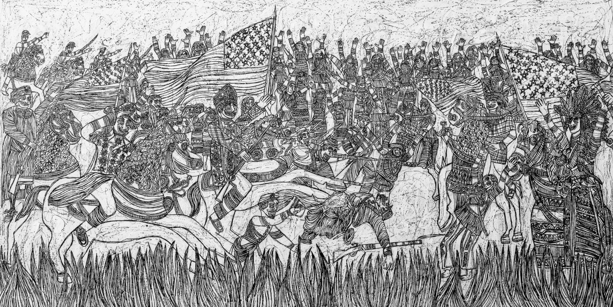 A black and white drawing depicting a fight between Native Americans and colonial forces with American flags.