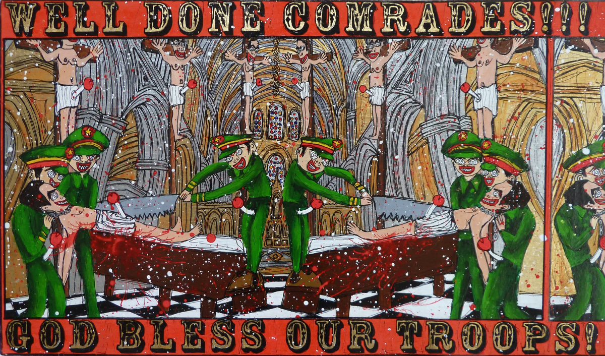 Federico Solmi Well Done Comrades! We Have Conquered Capitalist America!, 2012 Acrylic, ink, gold leaf on paper mounted on wood panel 11 X 51 in.