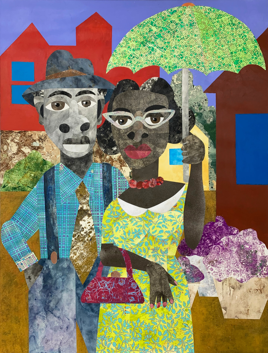 Evita Tezeno, Sis and Raymond, 2021, Mixed media collage and acrylic on canvas, 48 x 36 in.