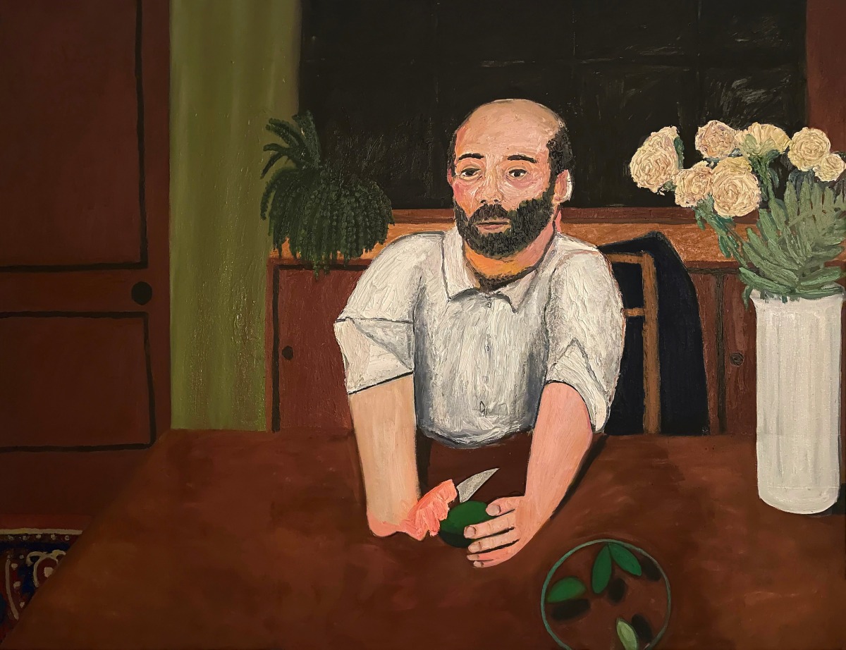 Aaron Maier-Carretero, mark cutting limes for his mom, 2021, Oil on canvas, 55 x 72 in.