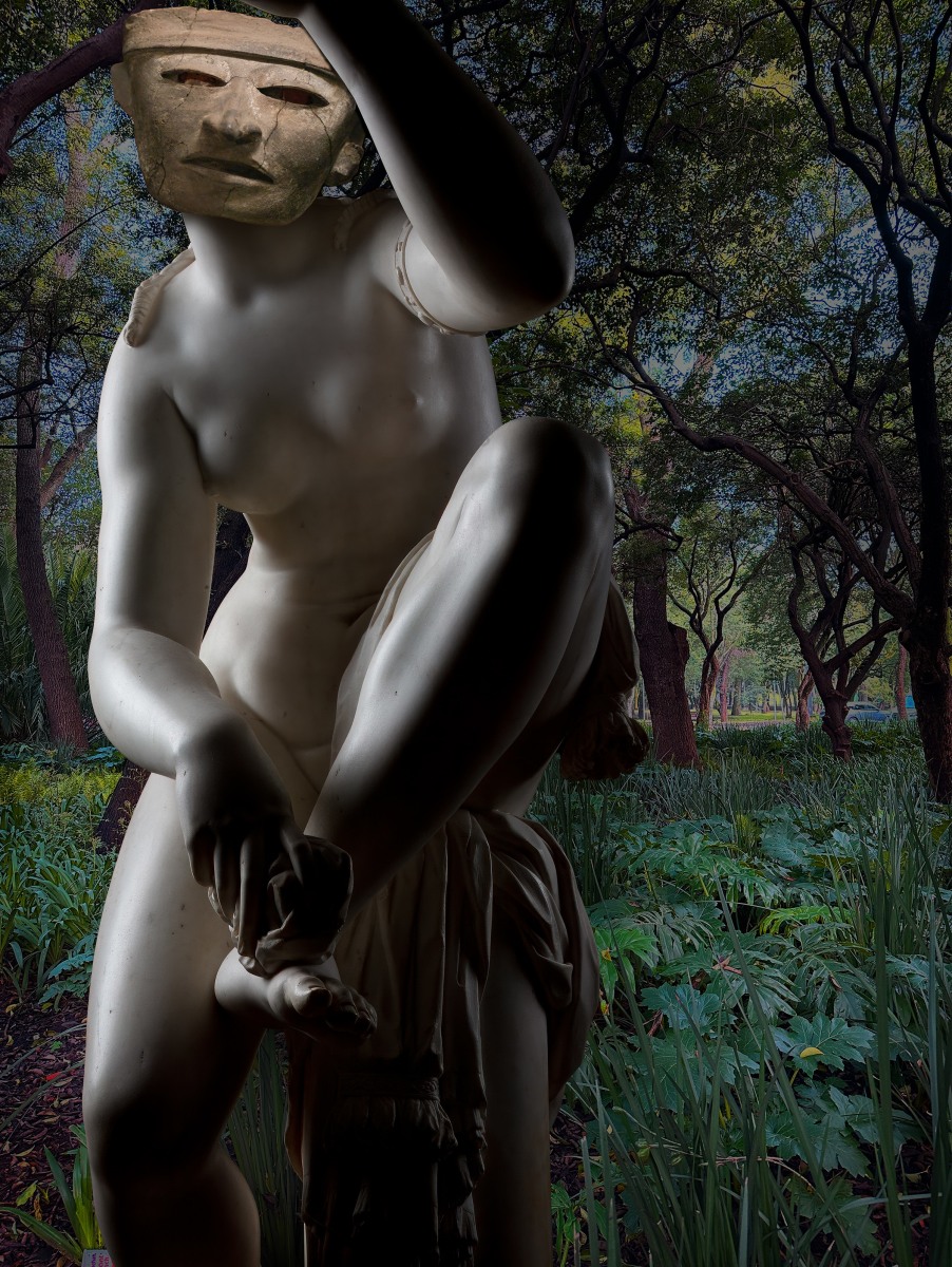Ken Gonzales-Day Venus (Digital composition with Aztec, Mask, Anahuacalli Museum, Mexico City; Giambologna, Female Figure, Possibly Venus, J. Paul Getty Museum; Tamayo Park, Mexico City), 2025
