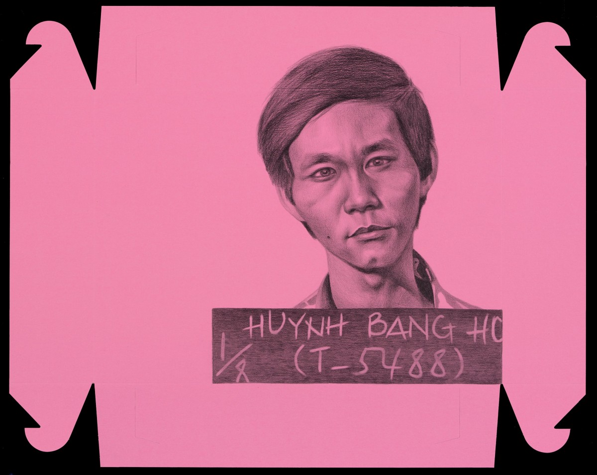 Phung Huynh, Hoa (Dad), 2019-20, Graphite on pink donut box, 25&quot; x 30.5 in.