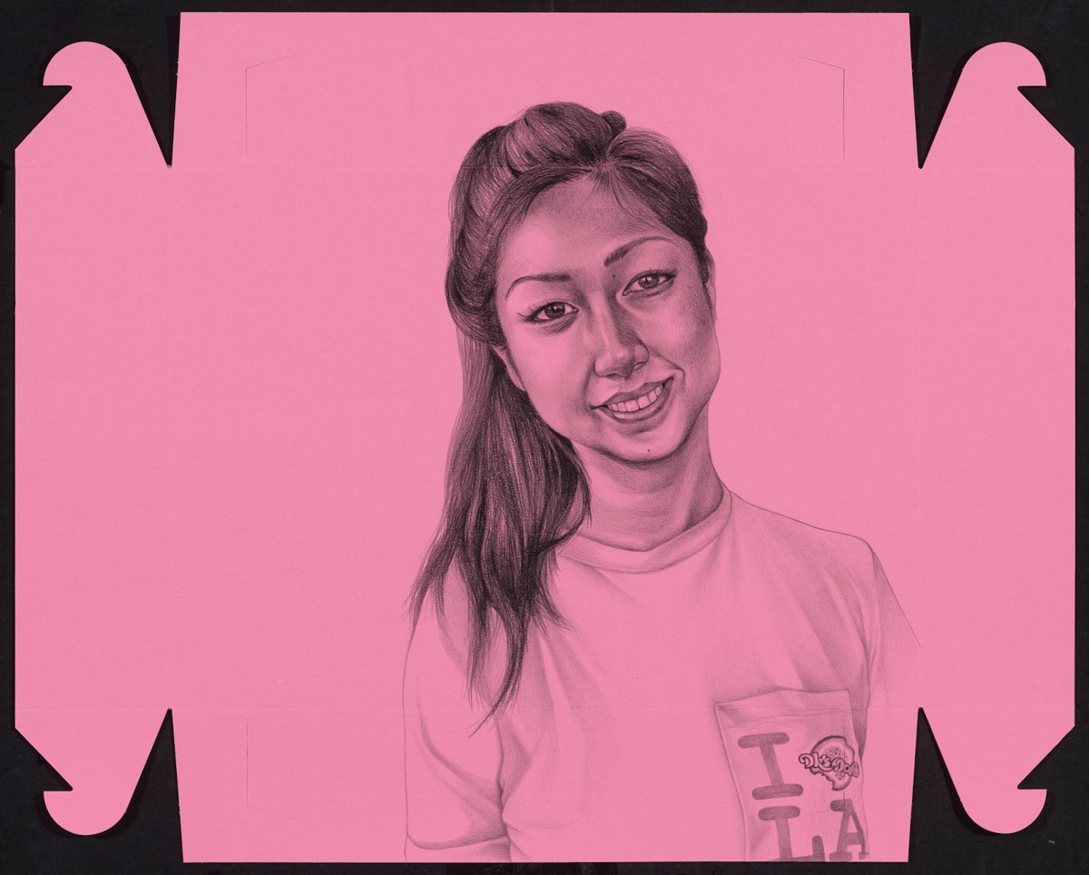 Phung Huynh, Mayly Tao, 2019-20, Graphite on pink donut box, 25 x 30.5 in.