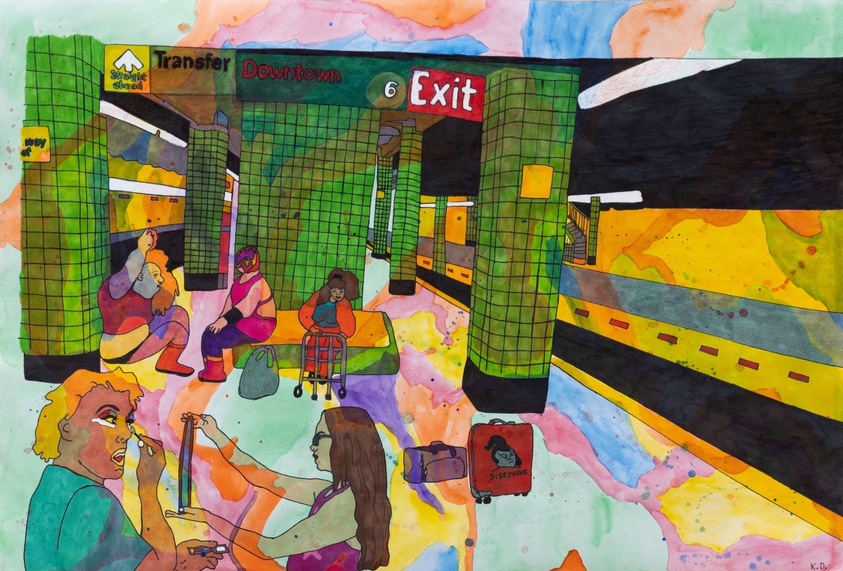 Karla Diaz, En El Subway, 2022, Watercolor and ink on paper, 15 x 22 in.