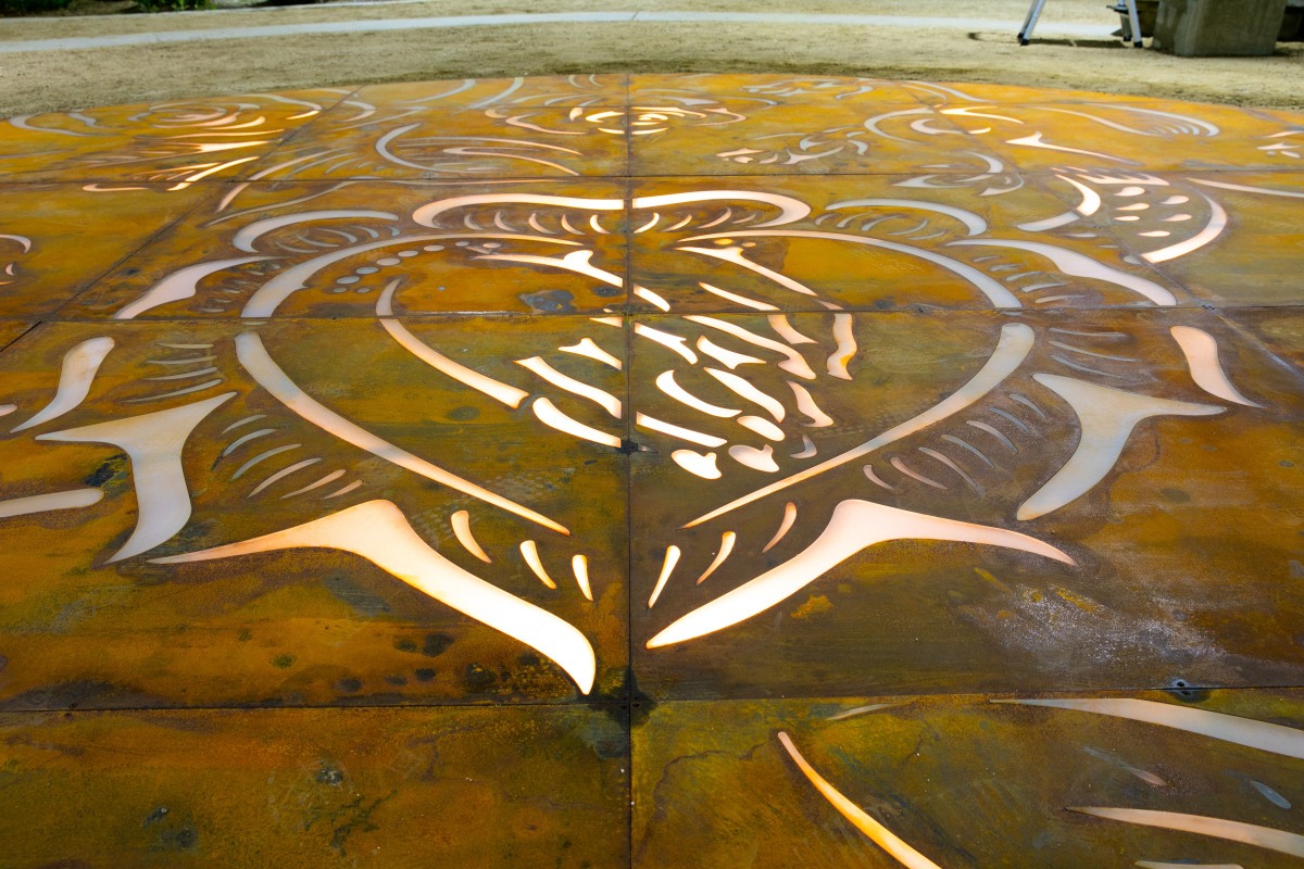 Detail of Phung Huynh, Sobrevivir, 2021, Corten steel and LED Lights, permanent installation at LAC + USC Medical Center, Los Angeles, CA. Photo by Steven Lam / Courtesy of L.A. County Department of Arts and Culture.