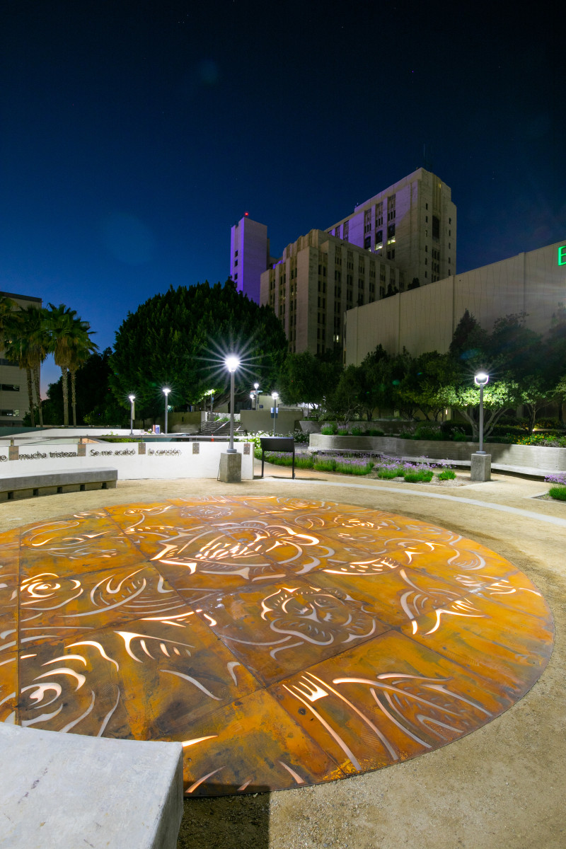 View of Phung Huynh, Sobrevivir, 2021, Corten steel and LED Lights, permanent installation at LAC + USC Medical Center, Los Angeles, CA. Photo by Steven Lam.
