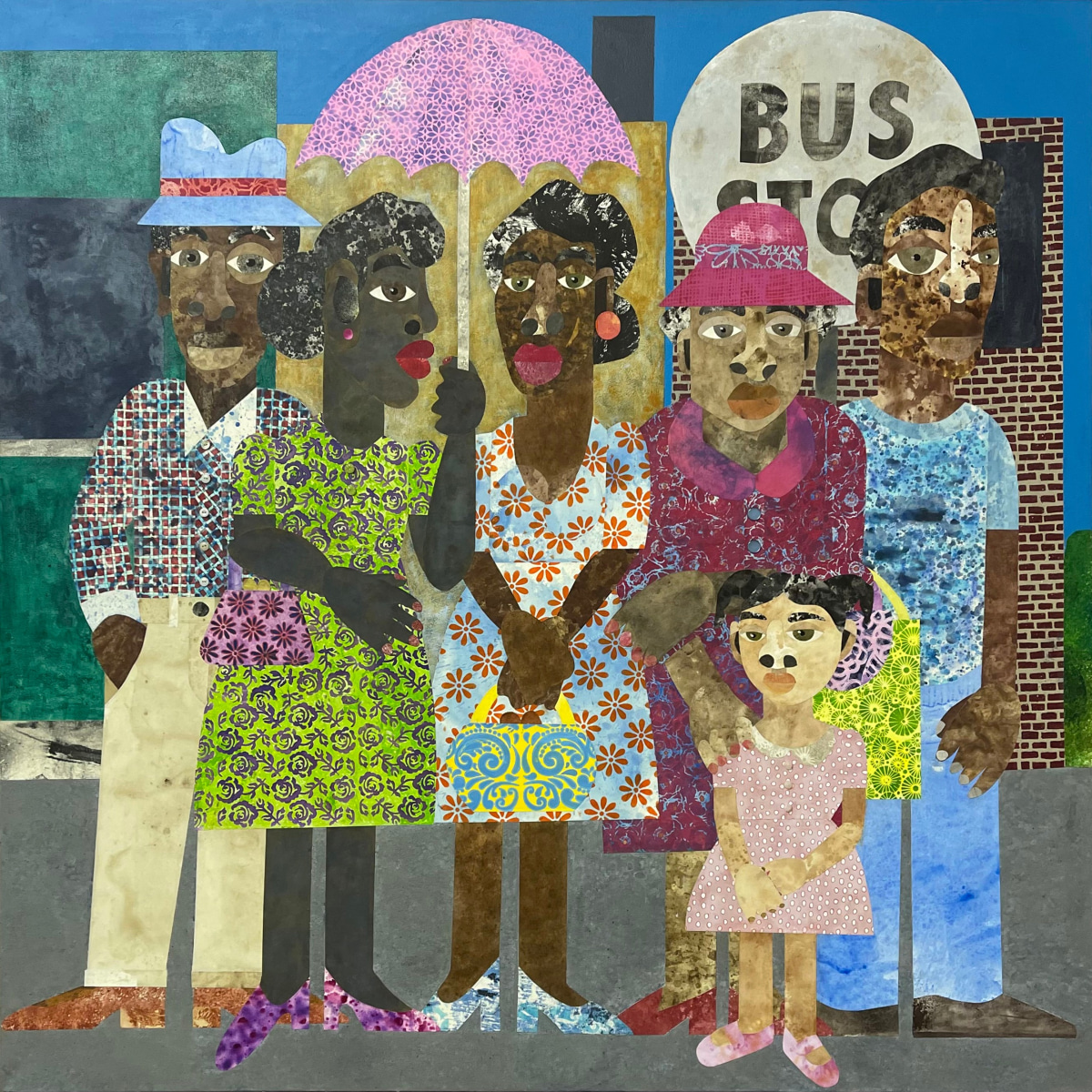 Evita Tezeno, At the Bus Stop, 2022, Mixed media collage and acrylic on canvas, ​​​​​​​60 x 60 in.