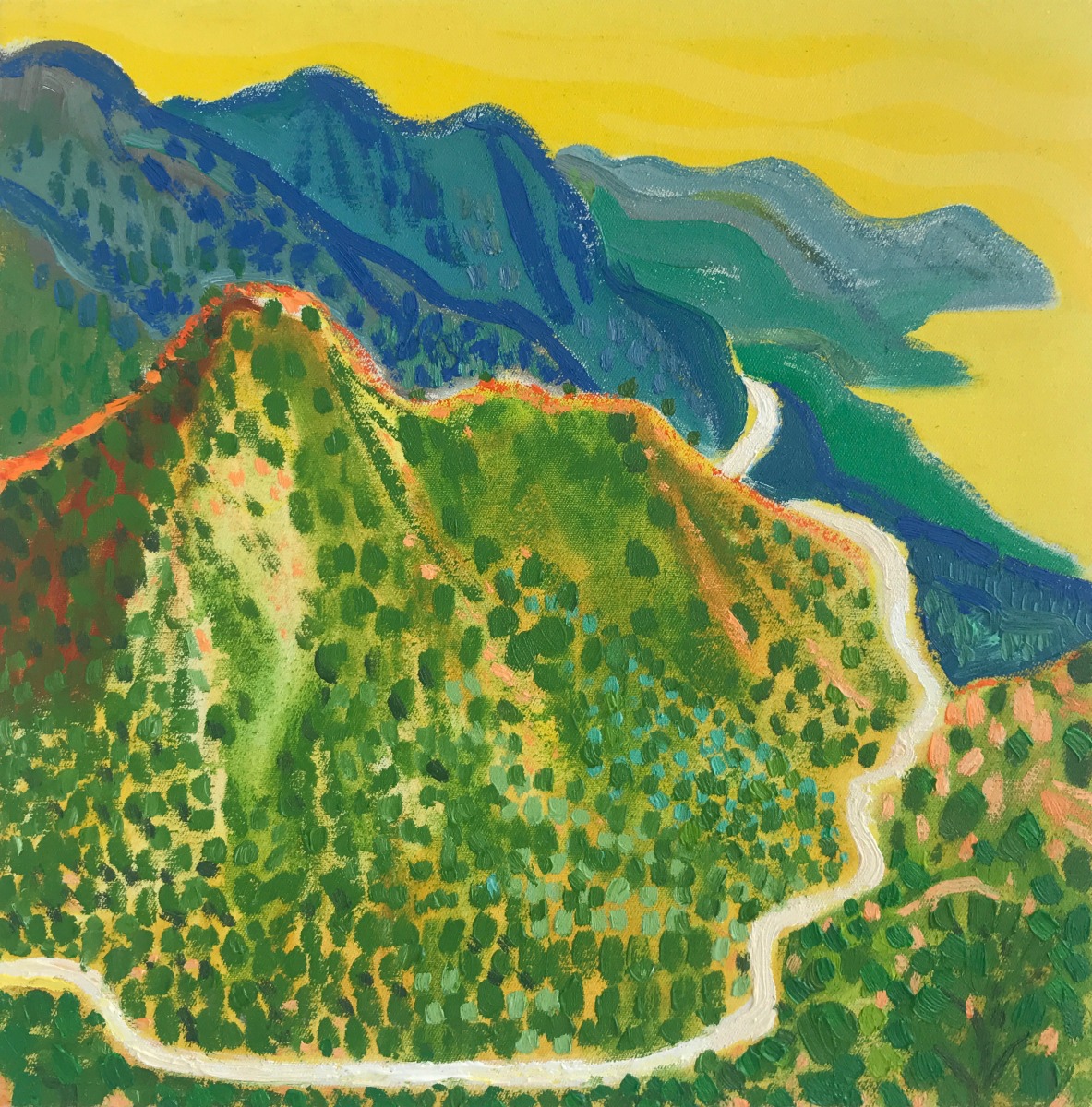 Oil painting of a road twisting around a mountain scape
