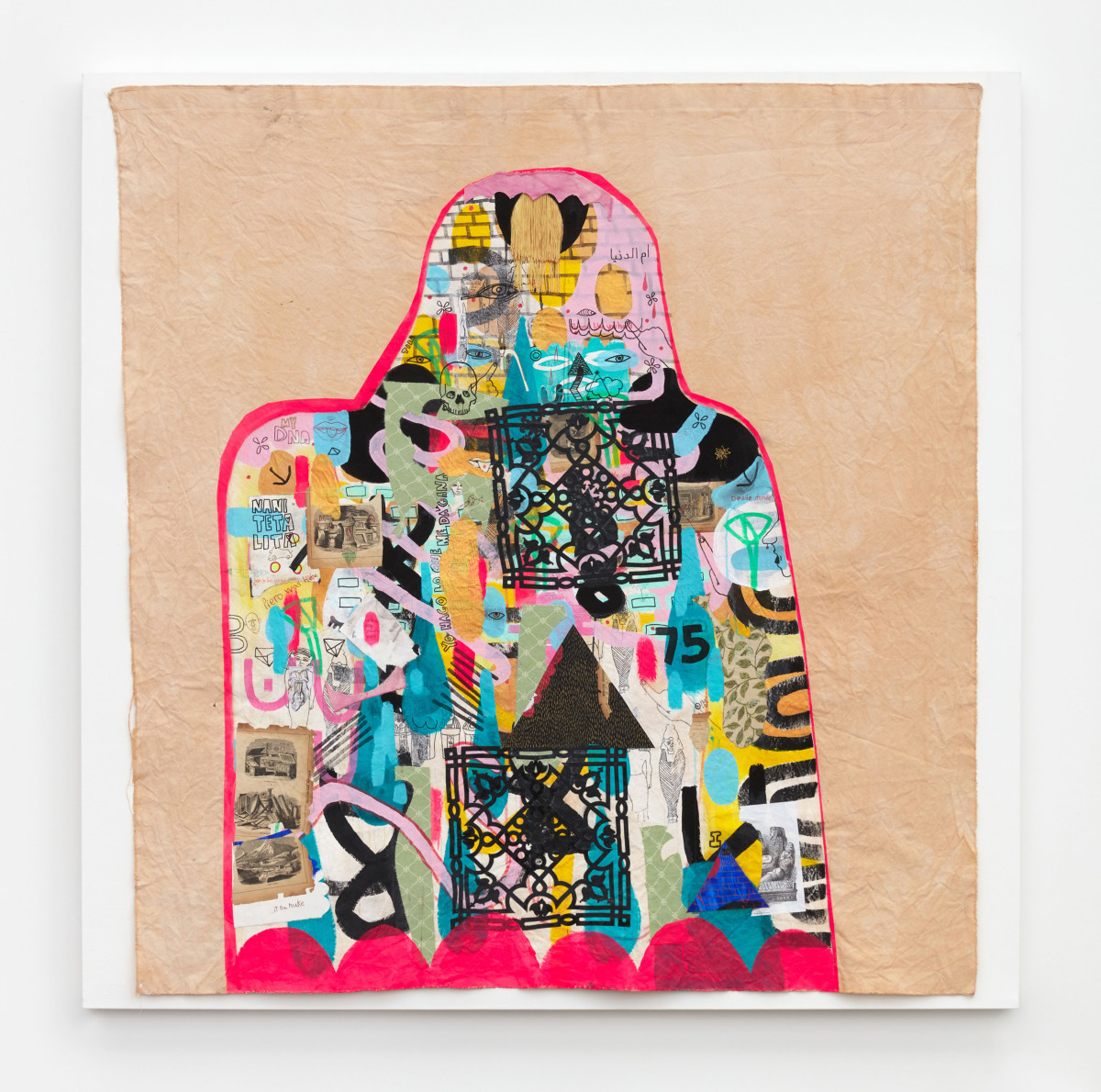Jackie Milad, Stolen, 2021, Mixed media on hand dyed canvas collage, 72 x 72 in.
