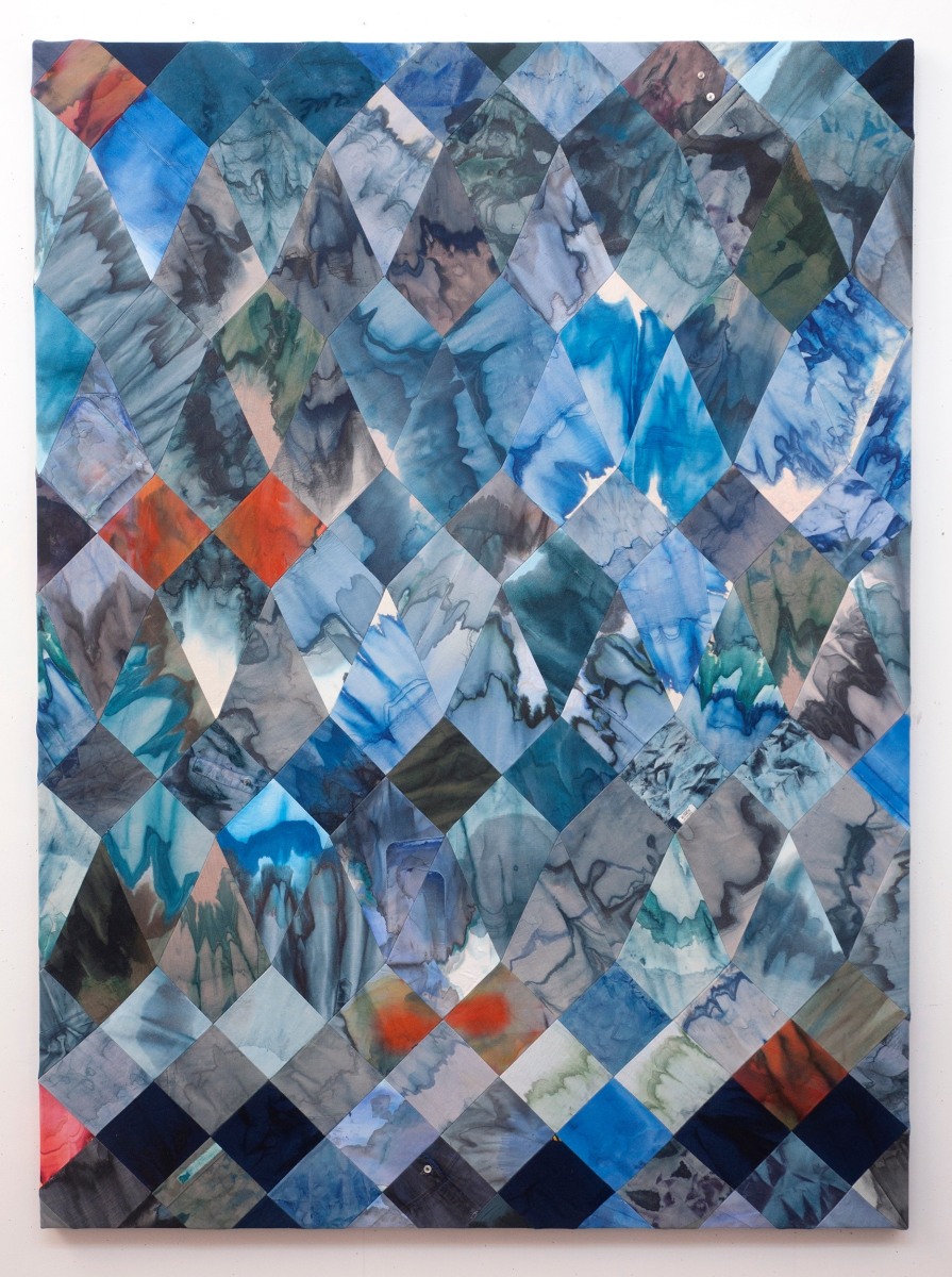 Jonathan VanDyke, Blue Pulse, 2022, Ink and water-based paints and dyes on cotton, linen, silk, and ramie dress shirt fabric and cotton t-shirt fabric, backed with dyed and embroidered linen, 70.25 x 51.75 in.