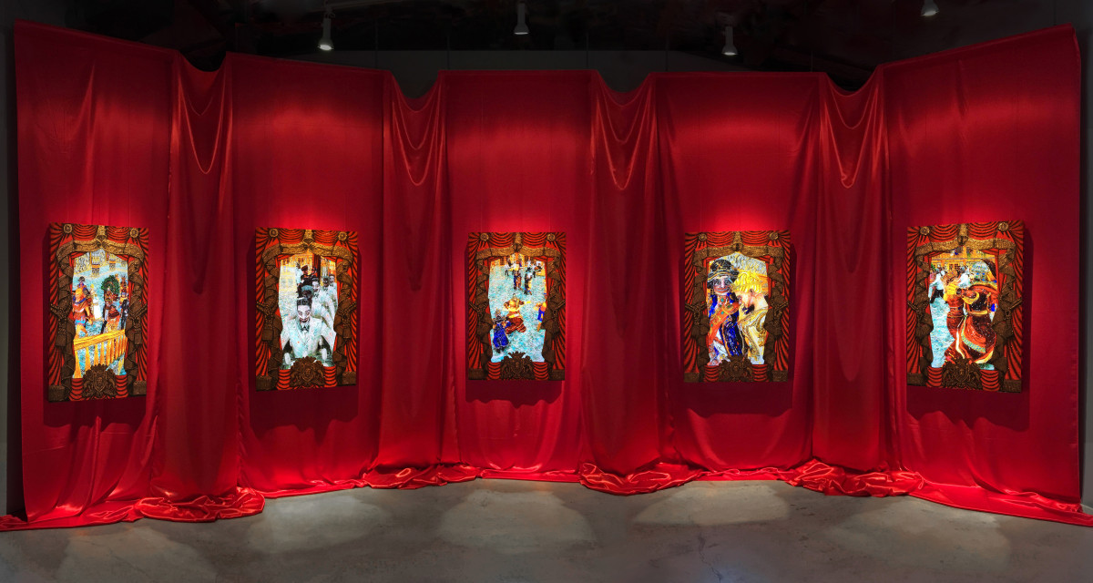 Federico Solmi, &quot;The Ballroom,&quot; 2016, Installation of 5 animated video-paintings in handmade artist frames, 14 x 32 feet