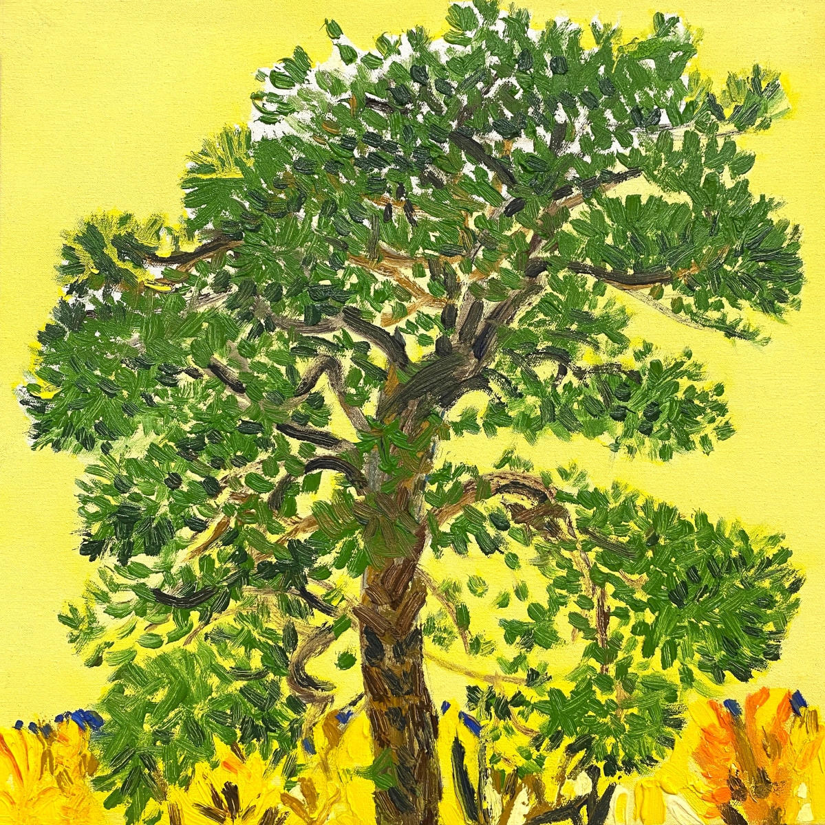 Oil painting of a tree with a yellow background