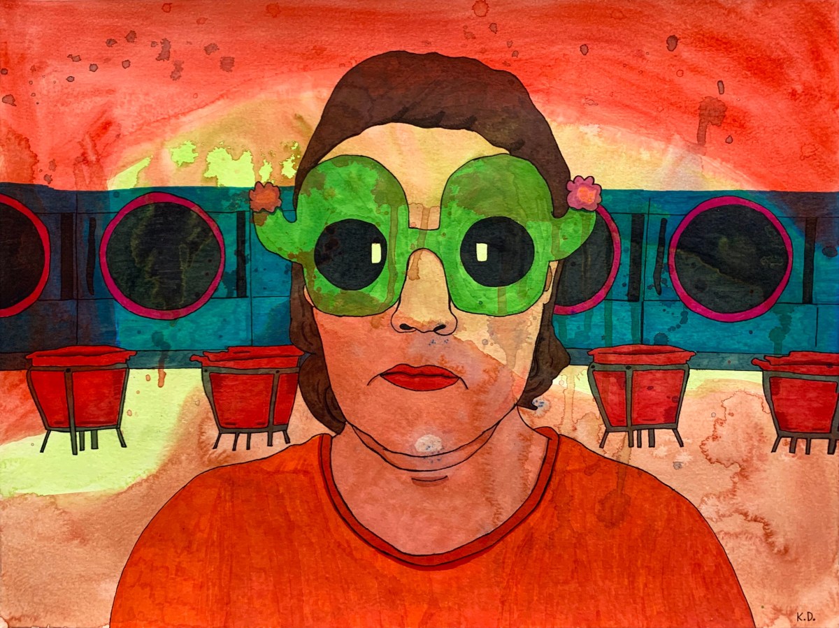 Karla Diaz, Self Portrait with Cactus Glasses, 2022, Watercolor and ink on paper, 15 x 20 in.