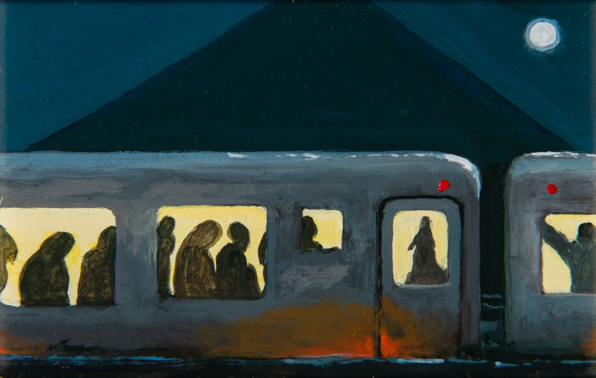 Jim Adams, "Nubian Express (Full Moon)," 2000, Acrylic on board, 4 x 6 inches