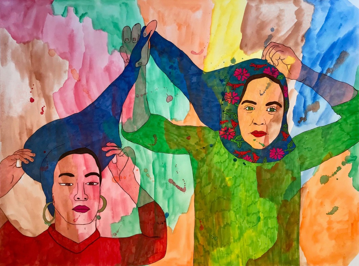 Karla Diaz, Rebozo and Hijab, 2021, Watercolor and ink on paper
