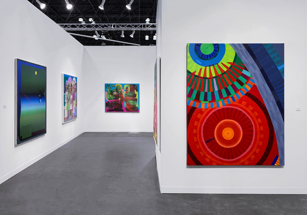 installation view of Luis De Jesus Los Angeles booth at the Armory Show 2022, June Edmonds paintings in foreground, Vian Sora painting in the background