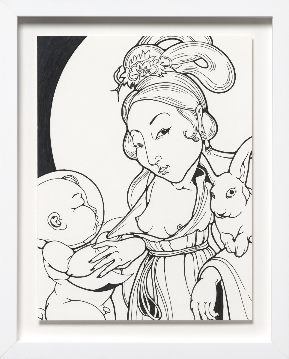 Phung Huynh, Color Me (Moon Goddess), 2022, Ink on paper, 12 x 9 in., 15 x 11 in. framed