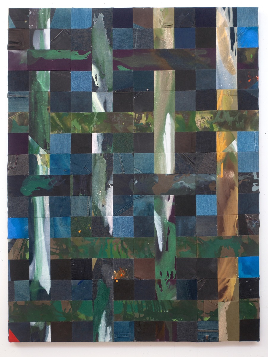 Jonathan VanDyke, Bracing, 2020-22, Water-based paints and ink on denim, dyed denim, and dyed twill jeans and trousers, cut and sewn, and backed with embroidered linen pieces, 63.125 x 47.5 in.