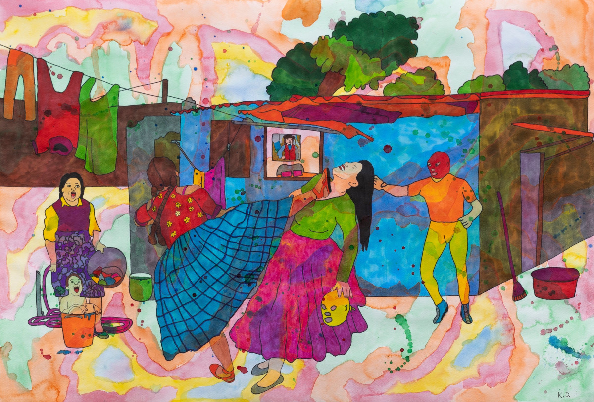 Karla Diaz, Lucha en La Calle Street Fight, Watercolor and ink on paper, 15 x 22 in.