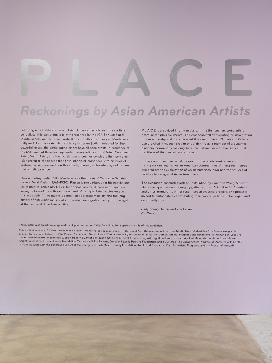 Installation view of P L A C E: Reckonings by Asian American Artists at the&nbsp;Institute of Contemporary Art, San Jose with Montalvo Arts Center, on view from&nbsp;March 23 - August 11, 2024
