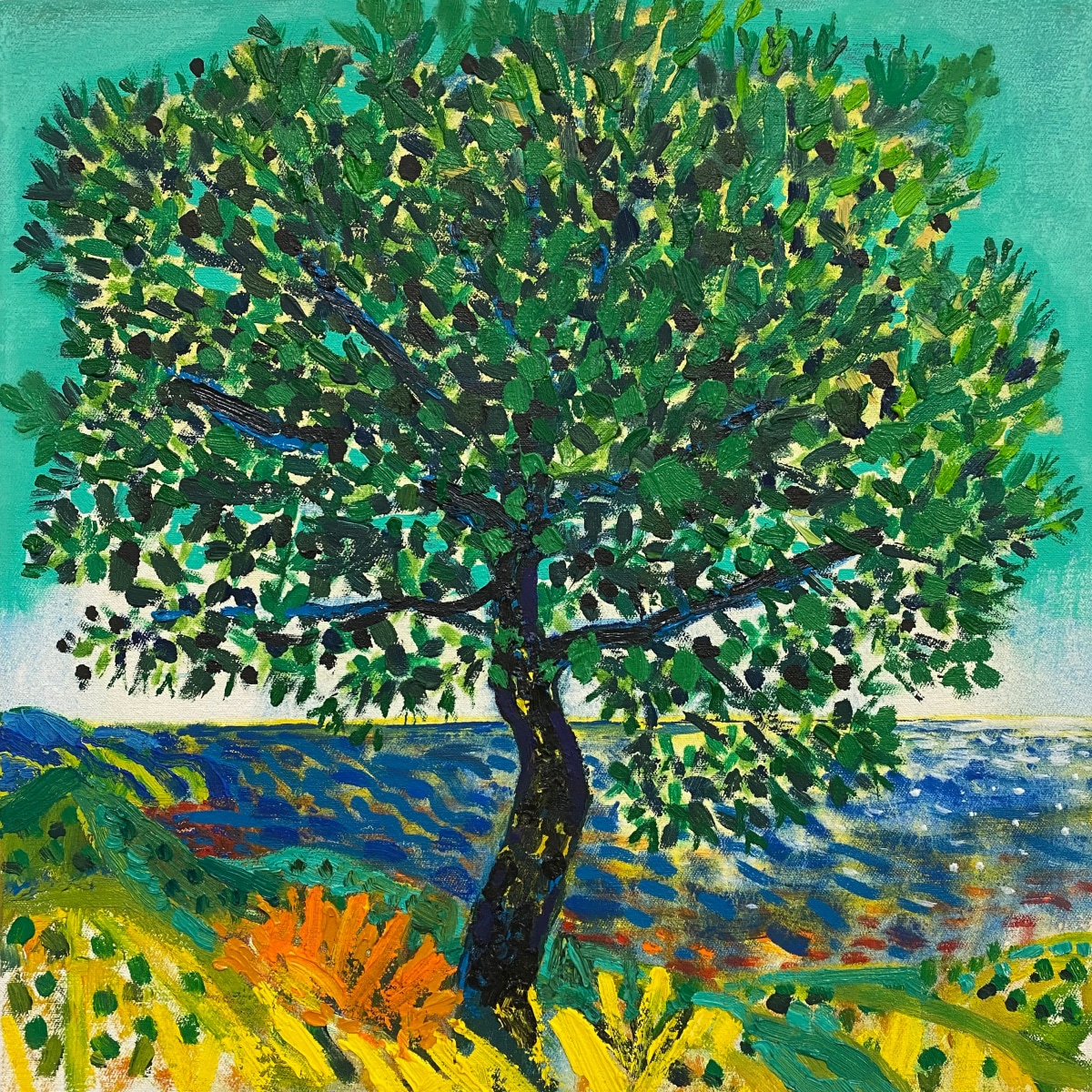 Oil painting of a tree over an ocean background