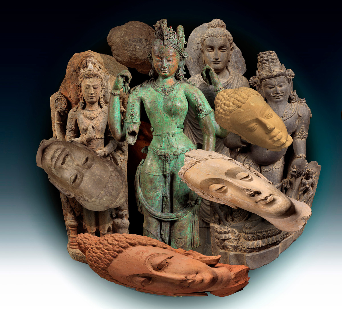 Ken Gonzales-Day Transformation: (left) Nepal, The Androgynous Form of Shiva and Parvati, (Ardhanarishvara); surrounded by, India, Head of Buddha Shakyamuni; Cambodia, Head of Buddha Shakyamuni; Indonesia, Brahma, the God of Creation; Pakistan, Buddha Shakyamuni; India, The Maharishi; India, Head of Buddha Shakyamuni; (center) Egypt, Figurine of the Goddess Bastet as a Cat, Royal Head, Nubian Female Figure, Statuette of Osiris, Foot, Baboon, Head of Osiris, Kneeling Priest Figurine in Worshipping Pose; (right) Japanese, Eleven-headed Kannon, Buddhist Layman, Melanesian with Drum, Amida Buddha; Unjudō Shumemaru, The Zen Priest Bukan; Japan, Monkey with Mermaid swimming to the Dragon King&rsquo;s Palace (all LACMA), 2019Auguste Rodin, Left Hand of a Pianist (LACMA)&nbsp;,&nbsp;2019