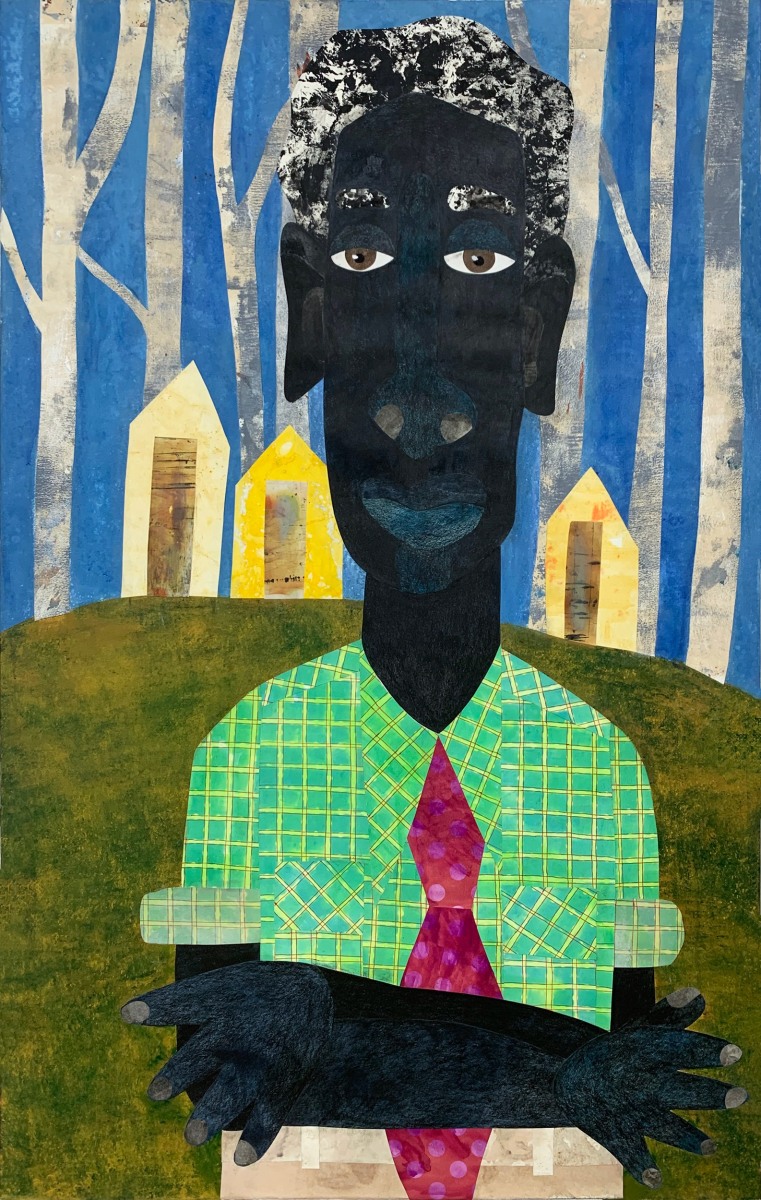 Evita Tezeno, A Man of Few Words, 2022, Mixed media collage and acrylic on canvas, 48 x 30 in.