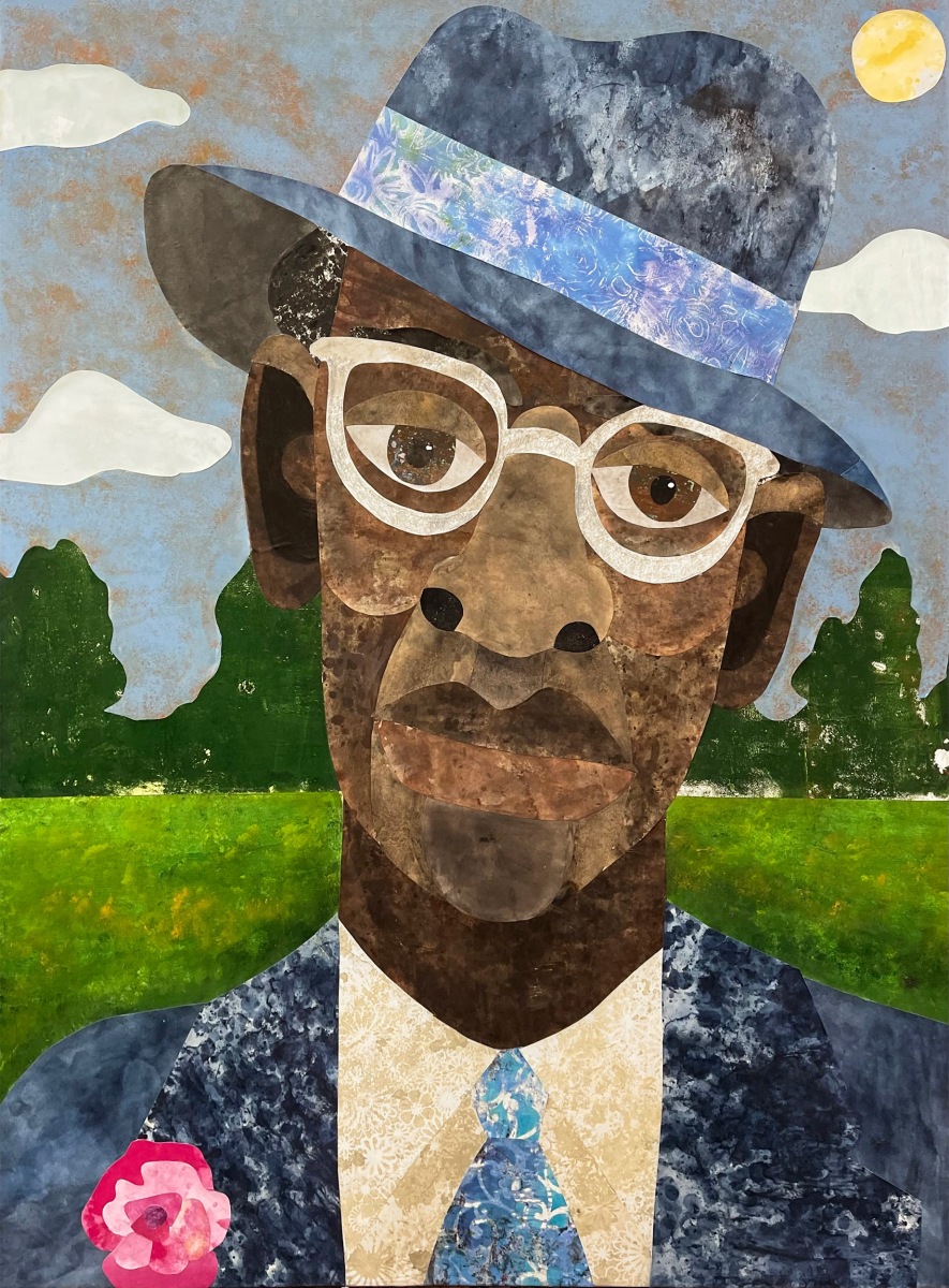 Evita Tezeno, Sharp Dressed Man, 2022, Mixed media collage and acrylic on canvas, 48 x 36 in.