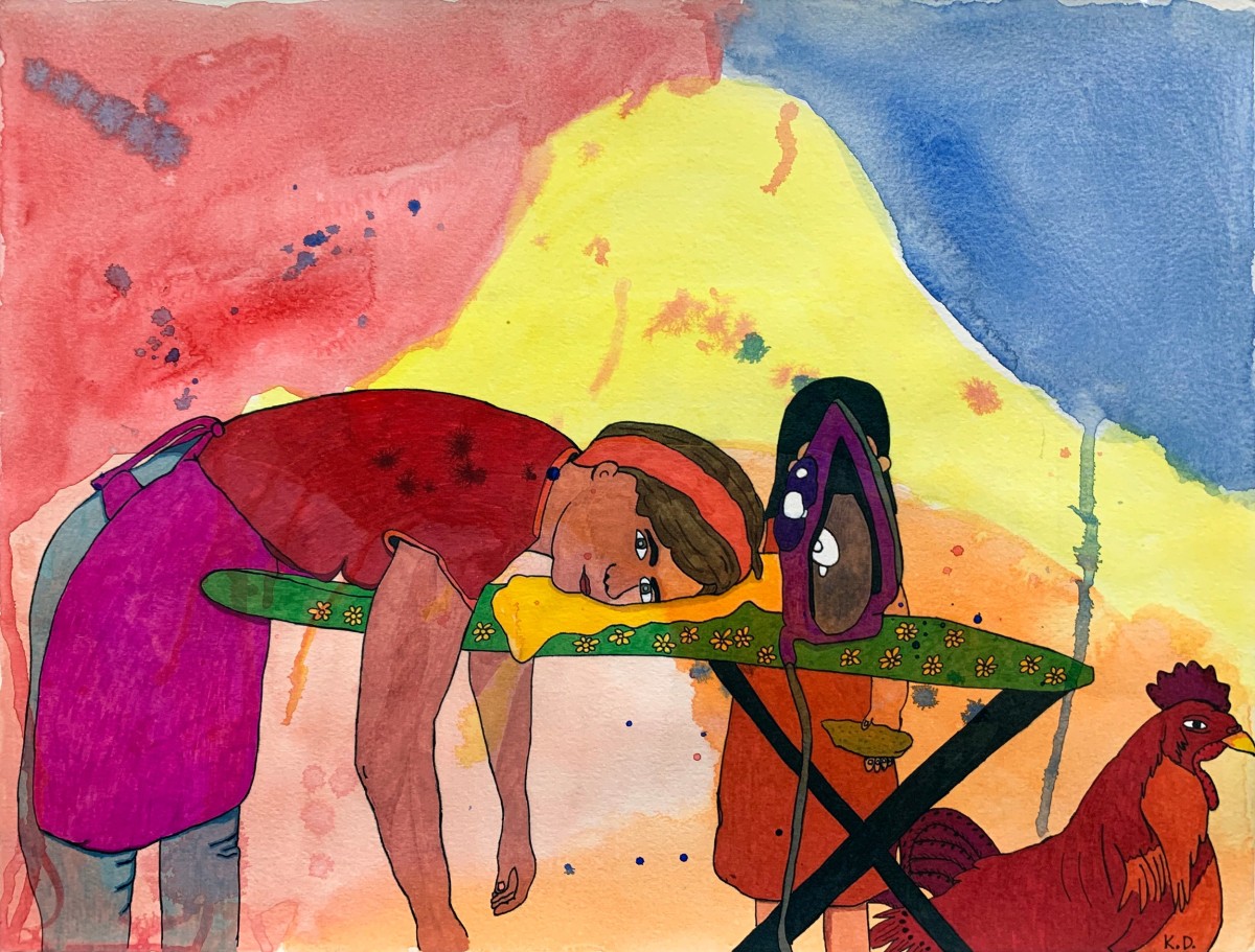 Karla Diaz, Tía Ironing, 2022, Watercolor and ink on paper, 15 x 20 in.