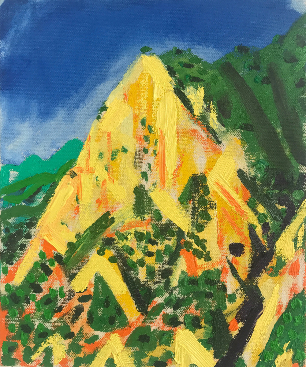Oil painting of a mostly yellow mountain