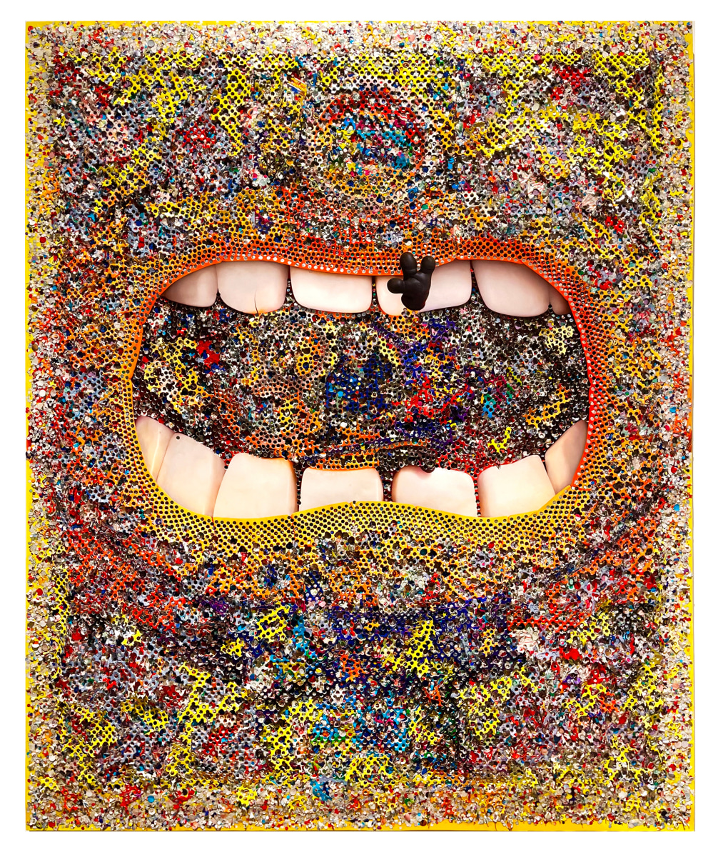 David Daigle The Mouth of Truth, 2024 Paper bus shelter advertisement (Minions), gift wrapping paper sheets and UV acrylic varnish 48 x 58 in (121.9 x 147.3 cm)