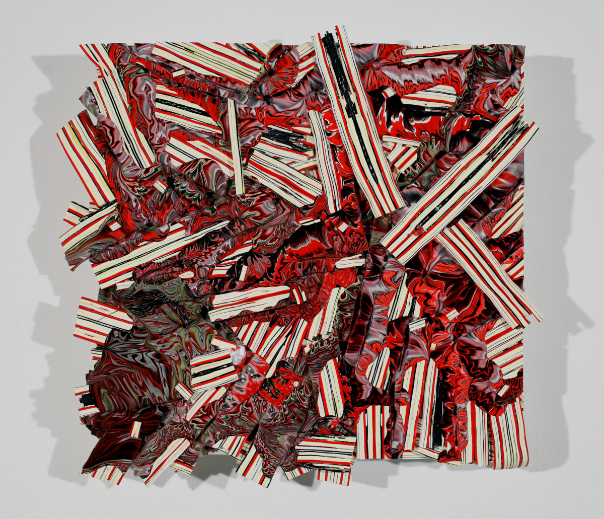 Margie Livingston Red Pour on Waferboard, Small, 2013 Acrylic paint, Alupanel 13 x 13 x 1.5 in