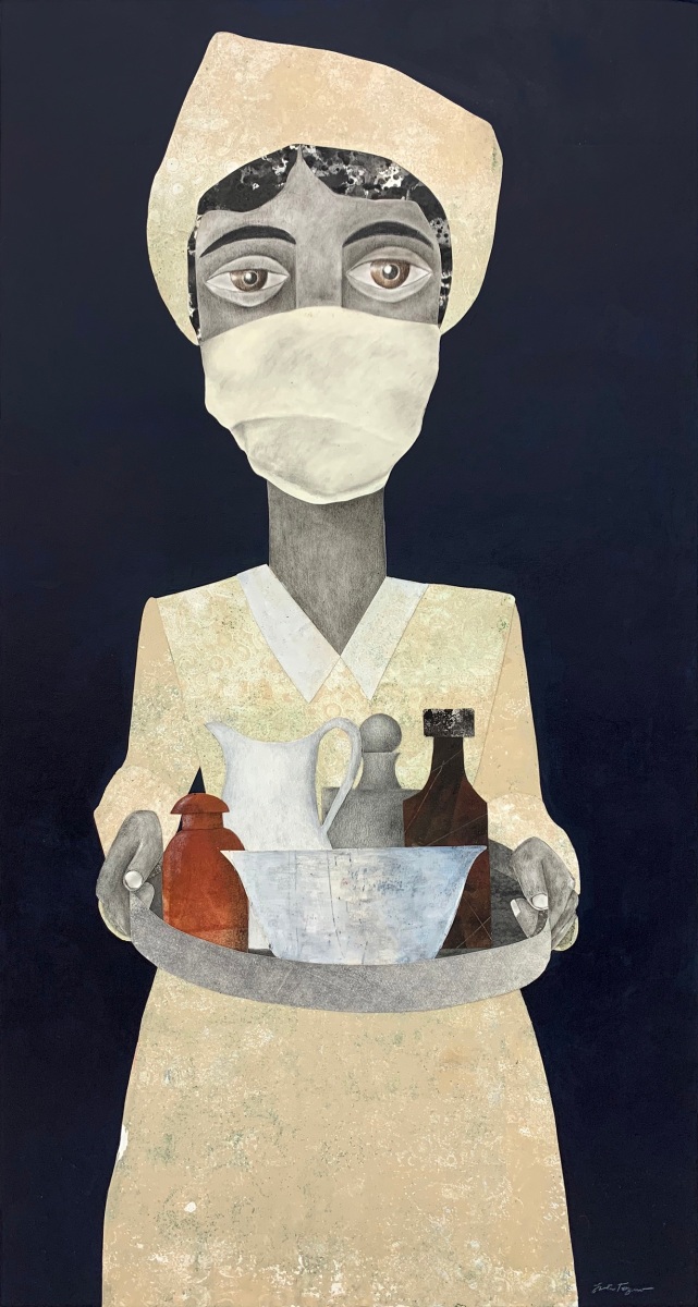 Evita Tezeno, The Caregiver, 2021 Mixed media collage on ragboard, 40 x 20 in.