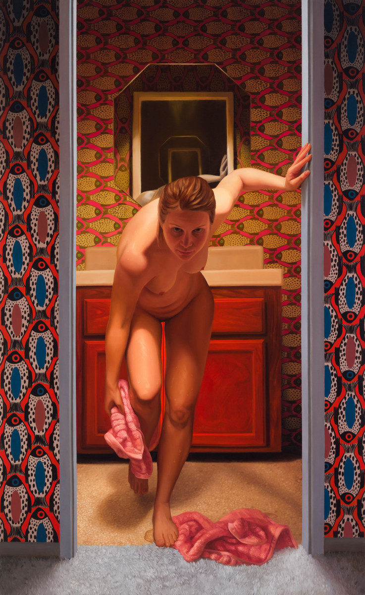 Laura Krifka, &quot;Woman Drying Herself,&quot; 2019, oil on canvas, 65 x 40 inches