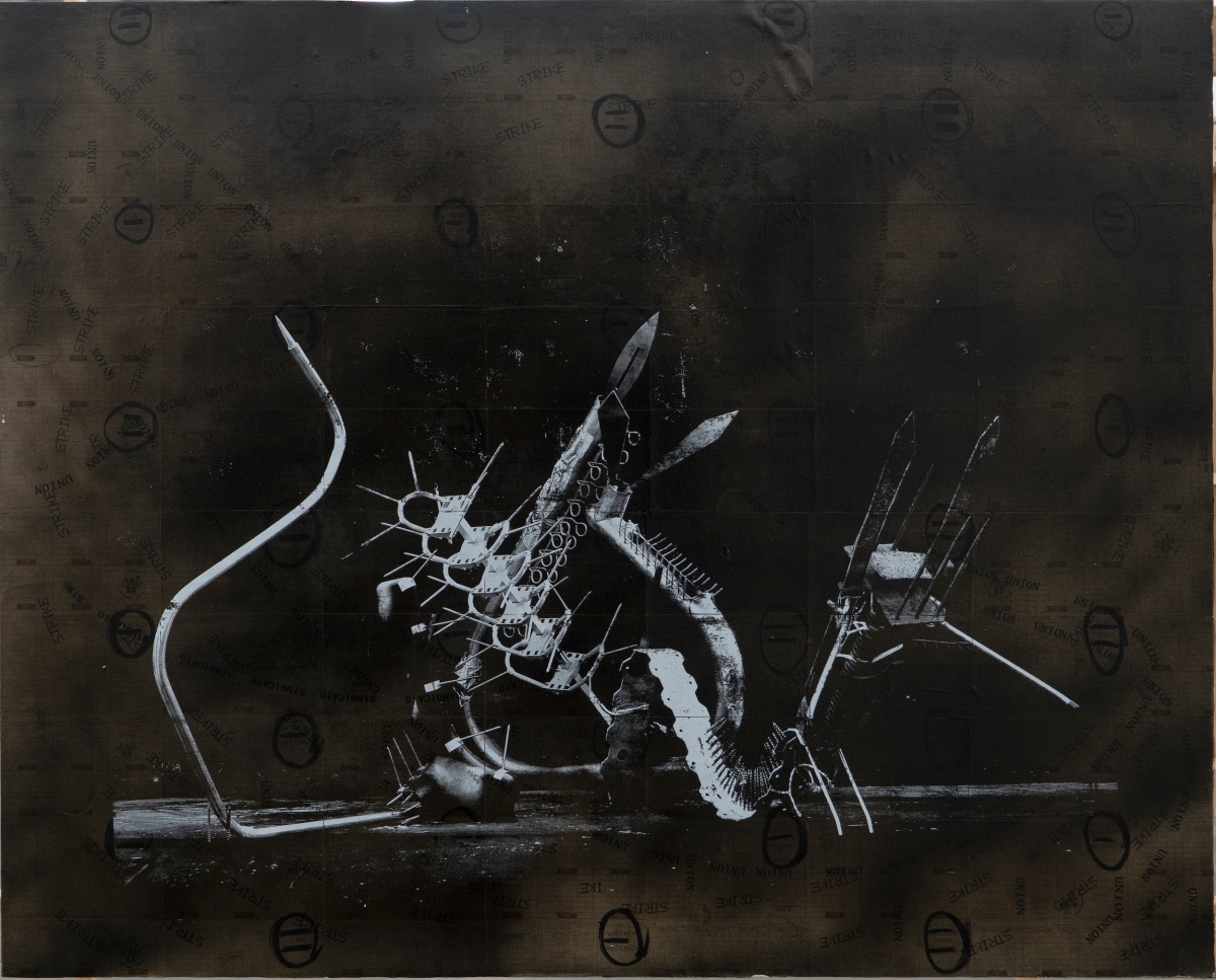 Rodrigo Valenzuela, Weapons #13, 2021, Screenprint on collaged time cards on canvas, 48 x 60 in.