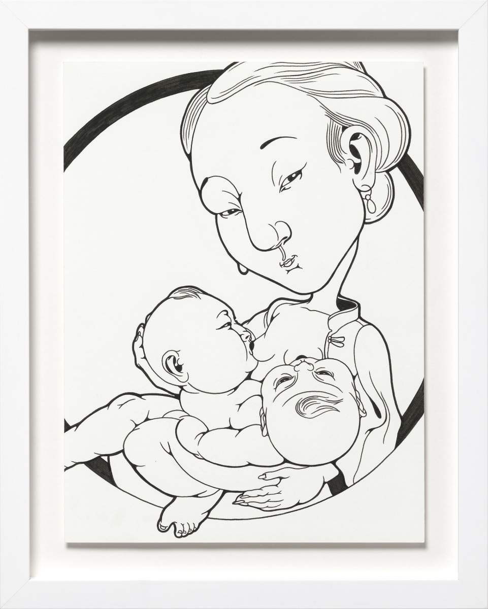 Phung Huynh, Color Me (Siamese Twins), 2022, Ink on paper, 12 x 9 in., 15 x 11 in. framed