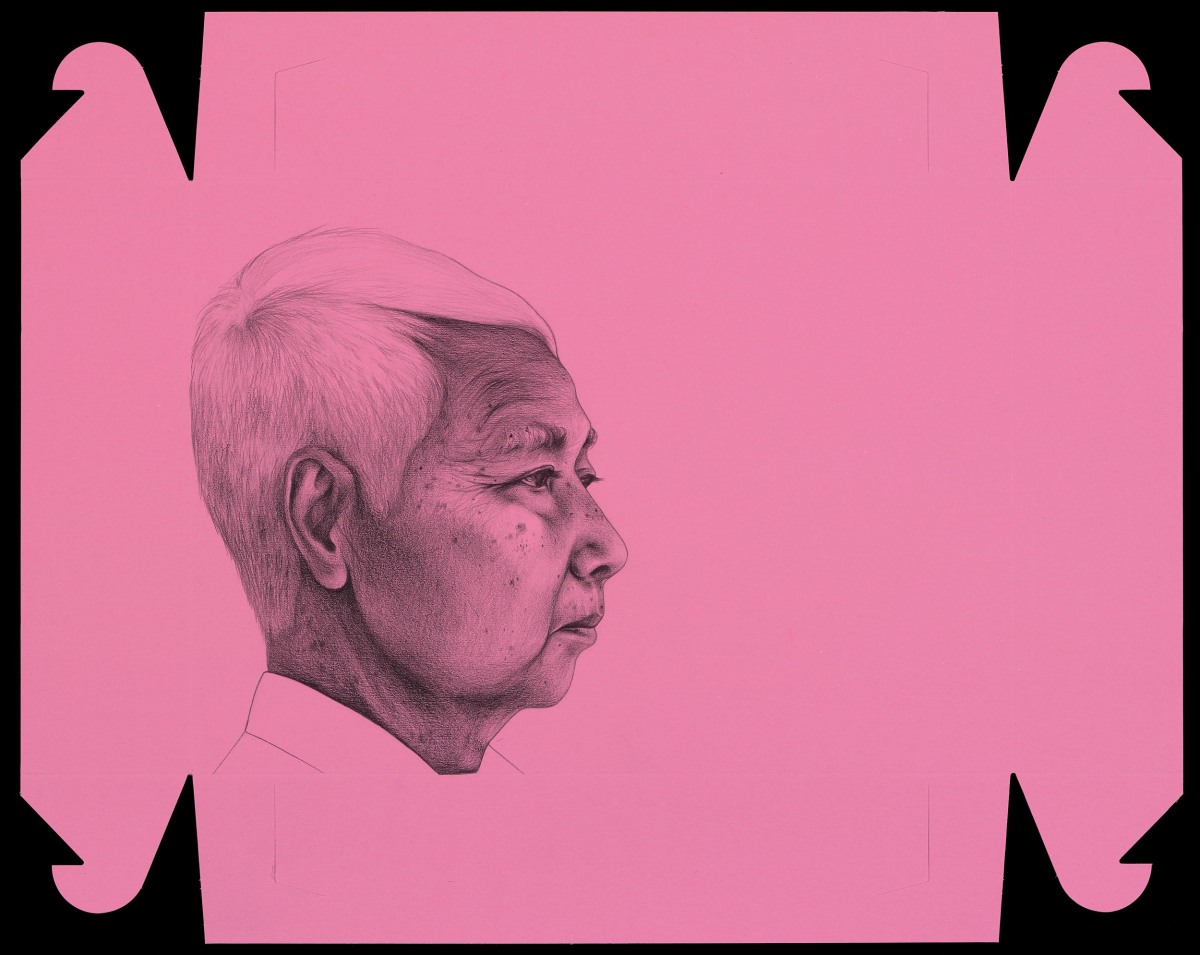 Phung Huynh, Vann Nath, 2019-20, Graphite on pink donut box, 25&quot; x 30.5 in.