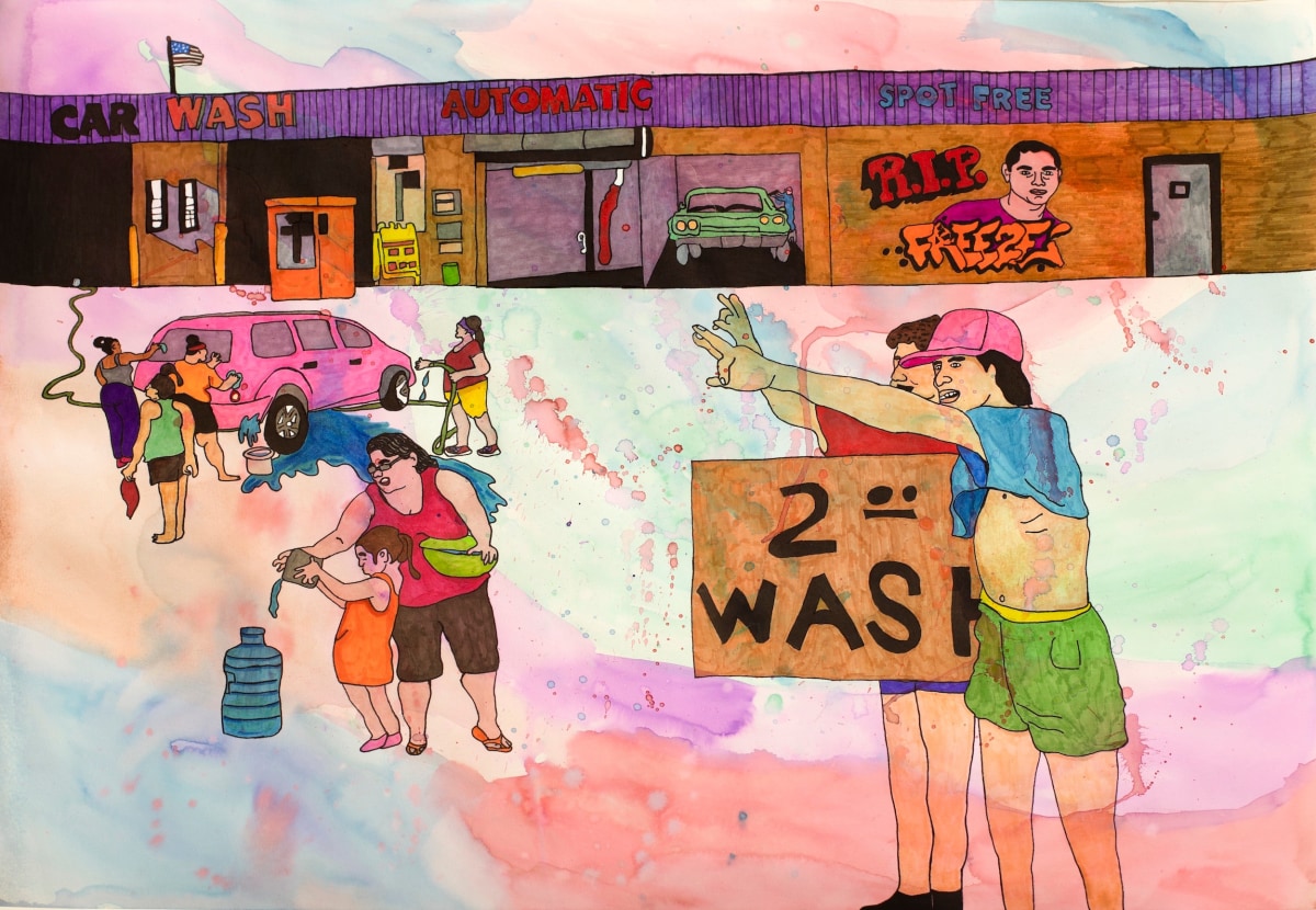 Karla Diaz, Car Wash, 2021, Watercolor and ink on paper, 18 x 24 in.