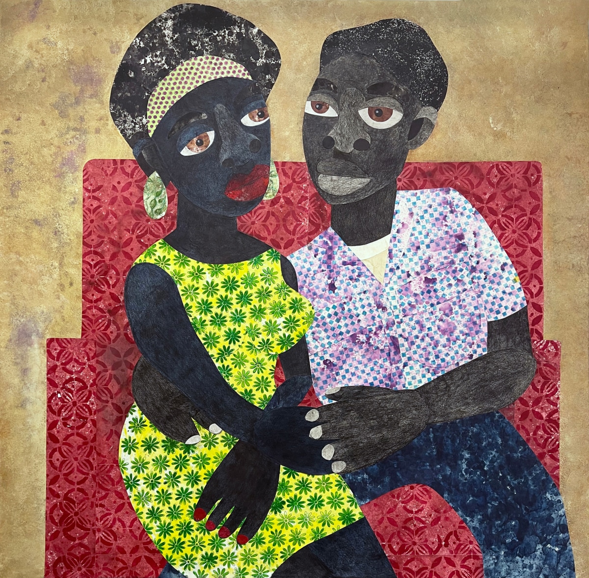 Evita Tezeno, Tender Love, 2022, Mixed media collage and acrylic on canvas, 48 x 48 in