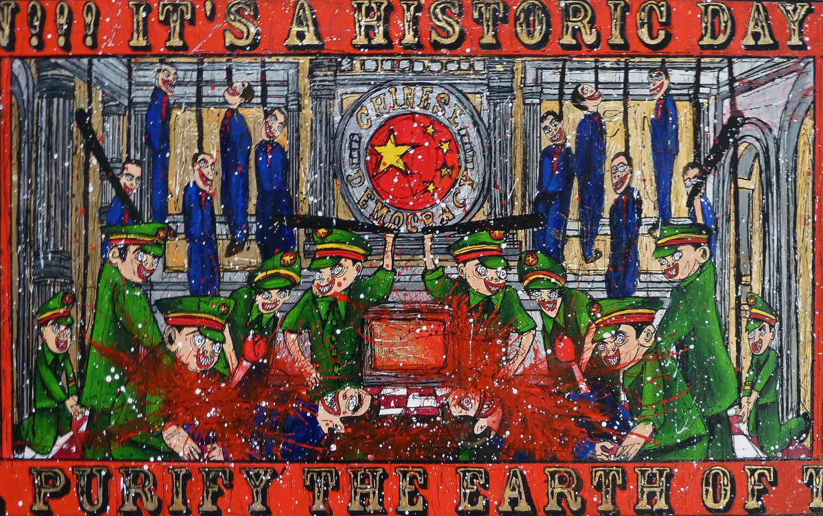 Federico Solmi Chinese Democracy: Ladies and Gentlemen…2012 Acrylic, ink, gold leaf on paper mounted on wood panel 11 X 51 in.