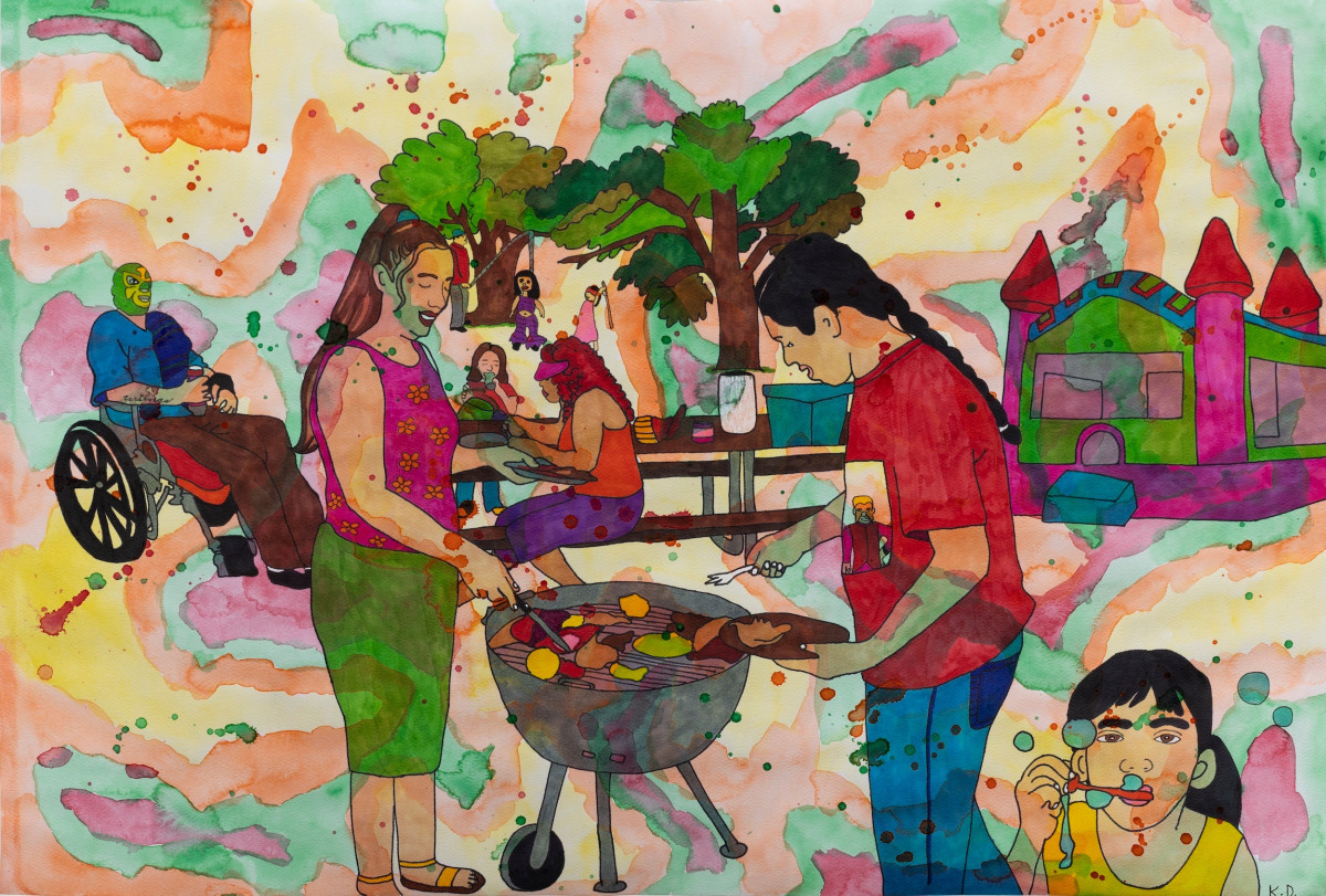 Karla Diaz, Davis Lucha at Family BBQ, 2022, Watercolor and ink on paper, 15 x 22 in.