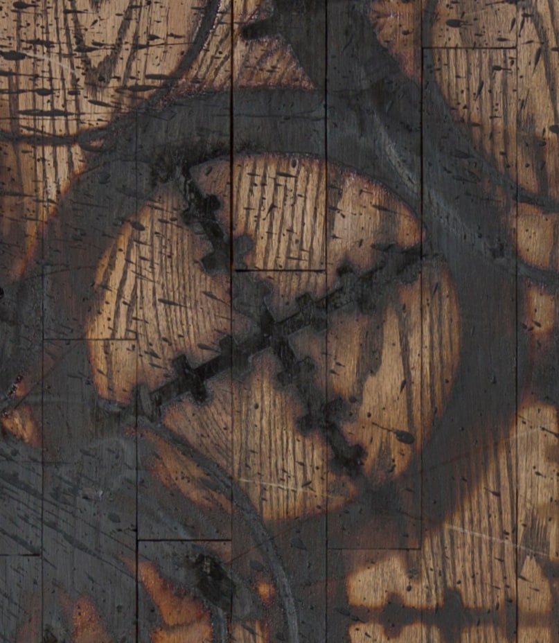 Tell it on the Mountain, 2013 (detail)
branded red oak flooring, black soap, and wax
144 x 180 x 3 inches
(365.8 x 457.2 x 7.6 cm)

&amp;nbsp;