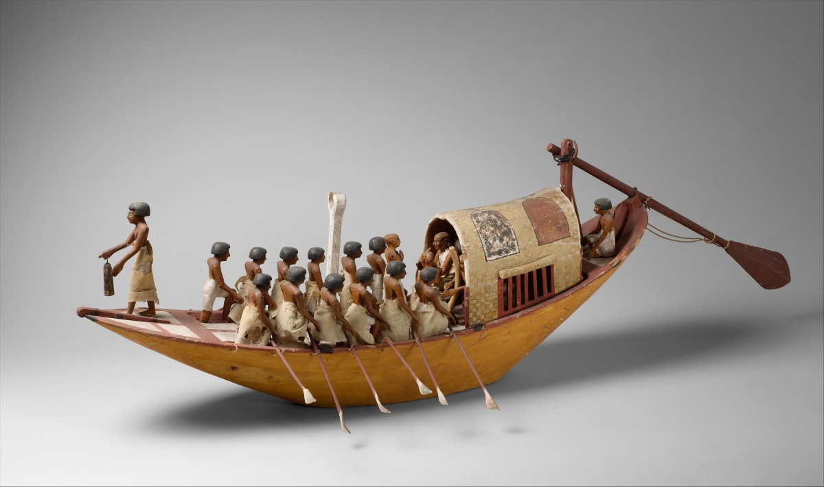 Travelling Boat being Rowed, circa 1981&amp;ndash;1975 B.C.
wood, paint, gesso, linen twine, and linen fabric
68 7/8 x 12 x 14 9/16 inches
(175 x 30.5 x 37 cm)
Collection of The Metropolitan Museum of Art, New York
Gift of Rogers Fund and Edward S. Harkness, 1920