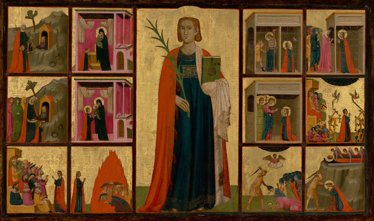 Donato d&amp;#39;Arezzo and Gregorio d&amp;#39;Arezzo
Saint Catherine of Alexandria and Twelve Scenes from Her Life, circa&amp;nbsp;1330
tempera and gold leaf on panel
42 1/8 &amp;times; 68 1/2 inches&amp;nbsp;
(107 &amp;times; 174 cm)
Collection&amp;nbsp;of The J. Paul Getty Museum, Los Angeles