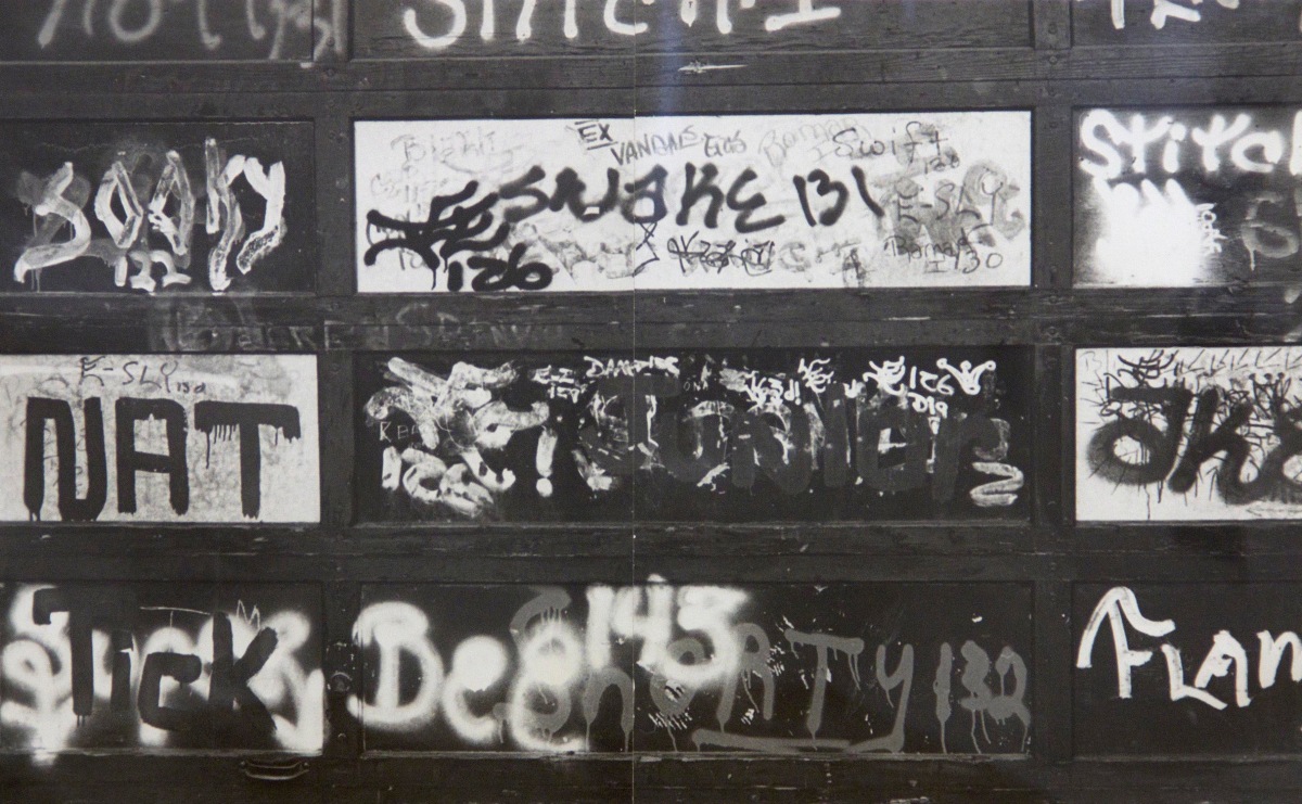 Gordon Matta-Clark
Graffiti (Nat), 1973
black and white diptych photograph&amp;nbsp;
20 x 31 3/4 inches
&amp;copy; 2020 Estate of Gordon Matta-Clark / Artists Rights Society (ARS), New York
Courtesy The Estate of Gordon Matta-Clark and David Zwirner