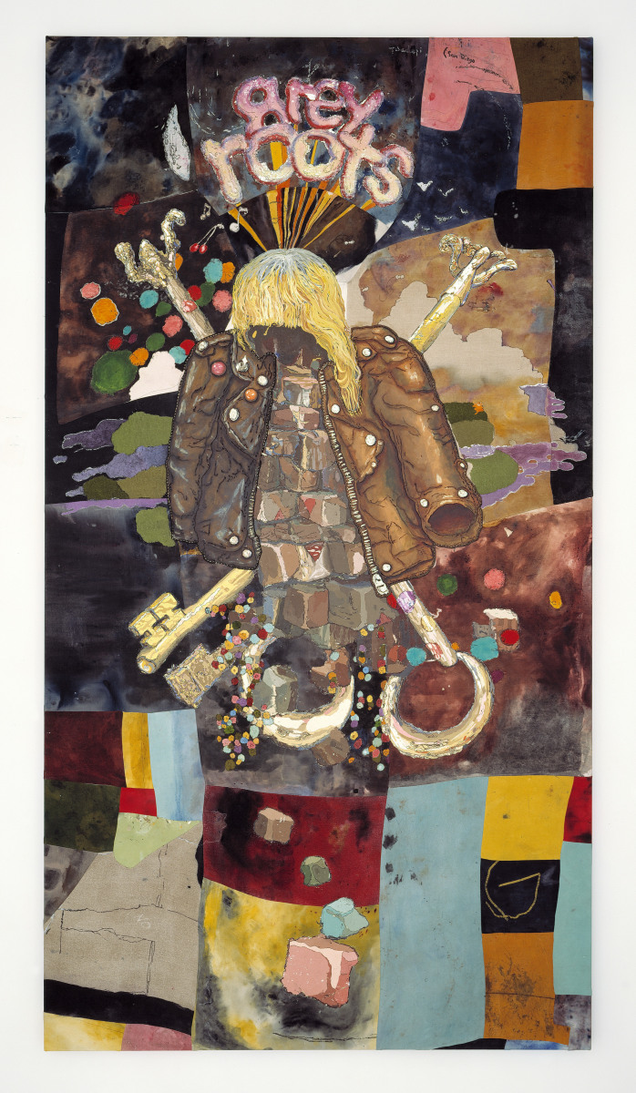 Ivan Morley
Tehachepi, (sic), 2007
oil, acrylic, dye, thread, leather, and UV varnish on canvas, cotton, and linen
115 1/2 x 62 1/2 inches
(293.4 x 158.8 cm)
Photo by Joshua White