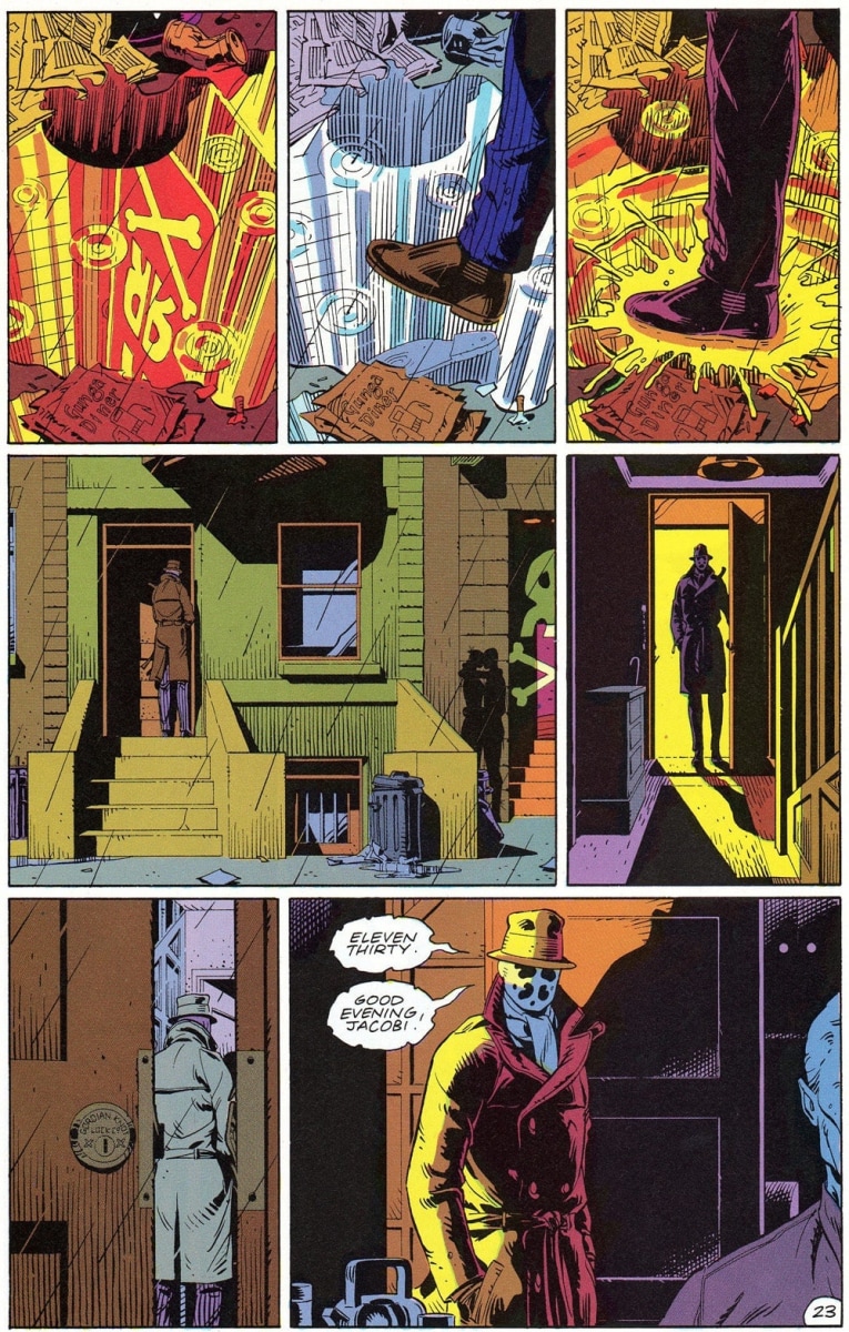 Panel from Watchmen,&amp;nbsp;No. 5 of 12,
January 1987, DC Comics, Story: Alan Moore, Illustrator/letterer: Dave Gibbons, Colorist: John Higgins