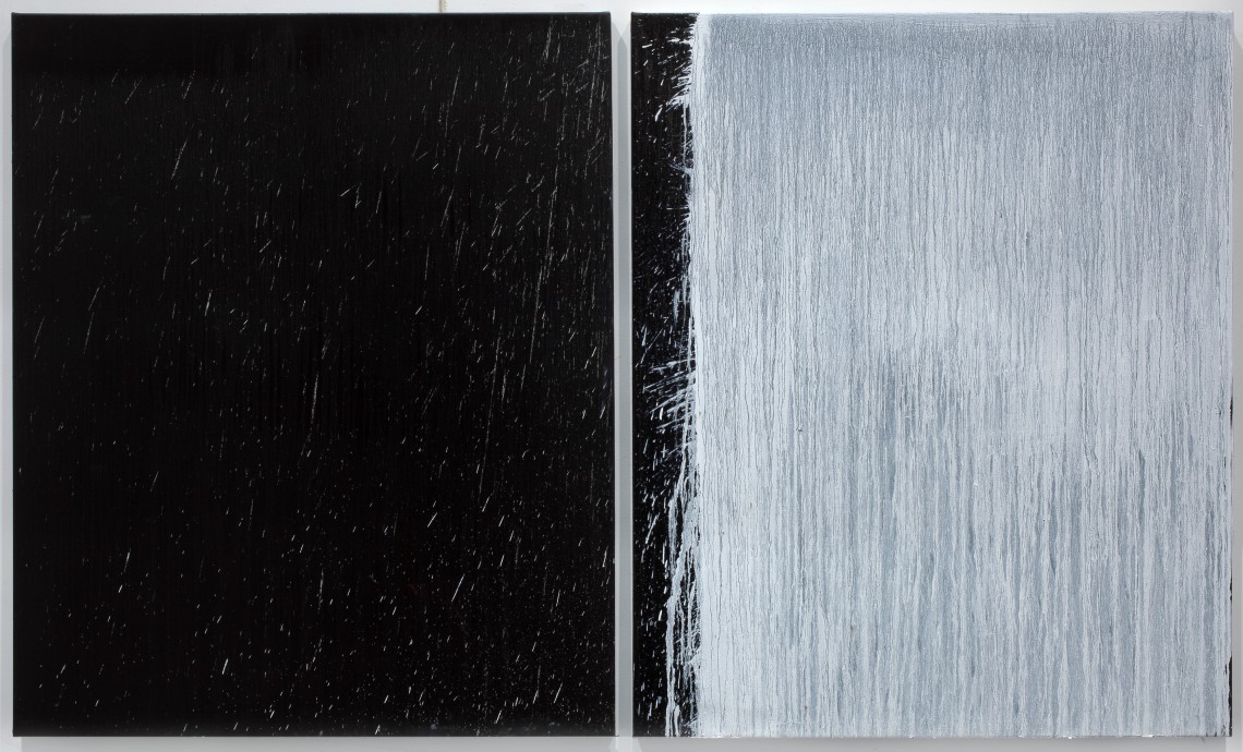 Pat Steir Paintings on Painting Locks Gallery White and Black Diptych with White Splash