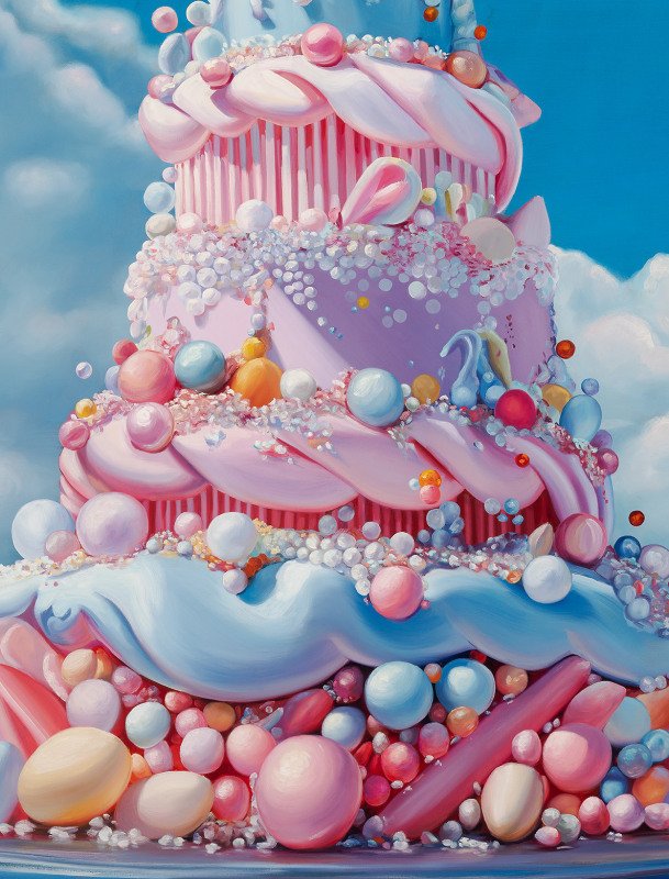 Malin Molin, 4K realistic extreme close up of a gigantic creamy cake in 3 tiers, pink and white and blue with silver pearls and creamy piping. Very decorated. Floating in a blue sky with white clouds.