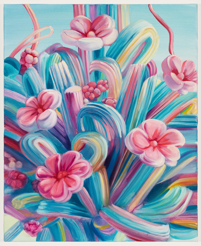 Malin Molin, Realistic photo of a large flower arrangement made of marshmallow flowers and twisted marshmallow ropes in light pink, blue and yellow pastel colours. The background is a blue sky with white clouds. sunrise light. Happy mood.
